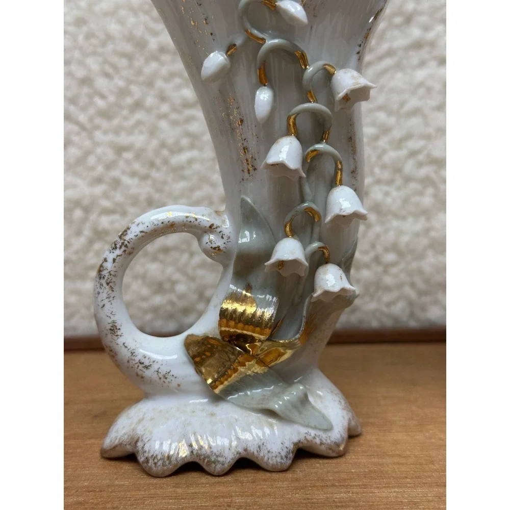 Vintage Cornucopia Vases White Lily of the Valley Gold Gilt Set 2 Lefton China